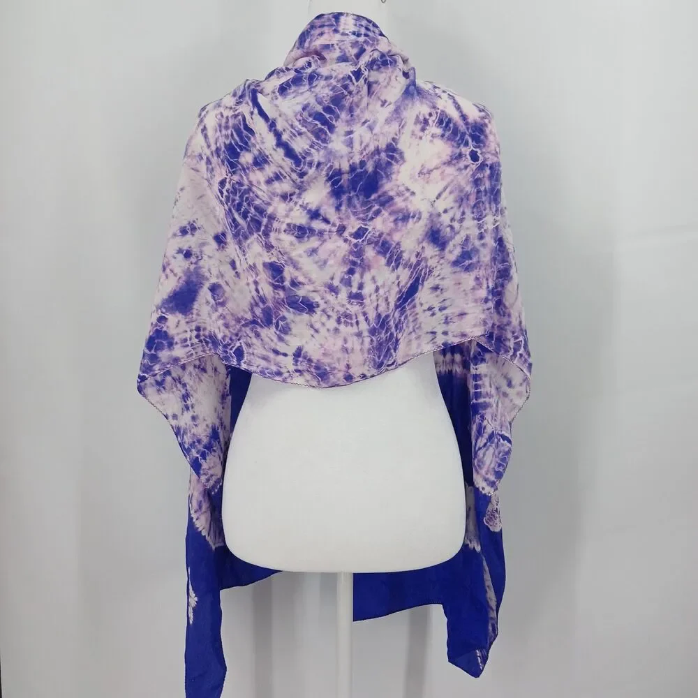 Hand Dyed Silk Scarf Blue White Tie Dye Batik Shawl Wrap Lightweight Boho purple